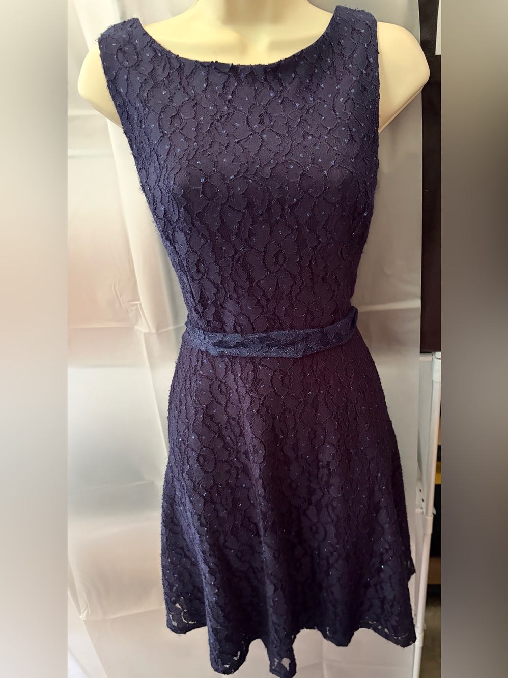 Speechless Midnight Navy Lace Fit-and-Flare Dress with Belt